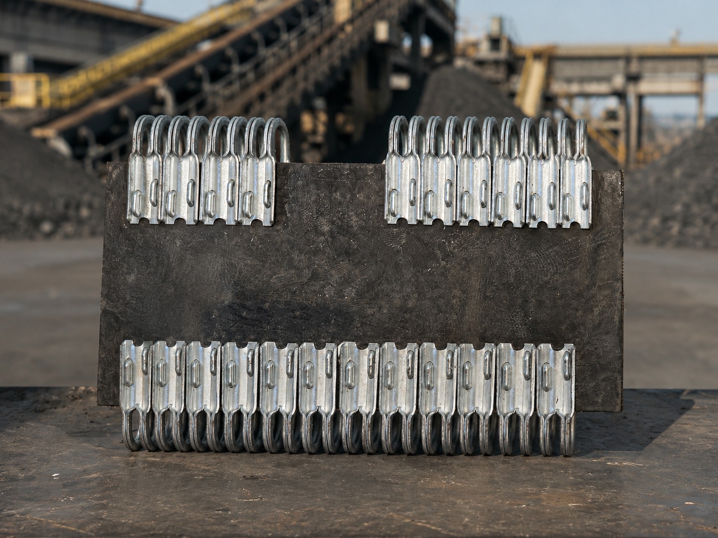 Mechanical belt fasteners with an illustrative conveyor site background