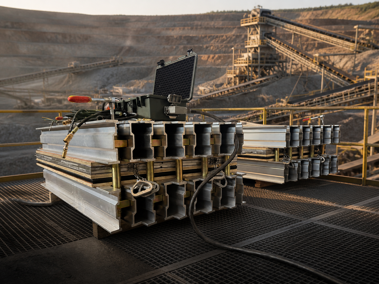 Rubber belt vulcanizing press in an illustrative mining scene