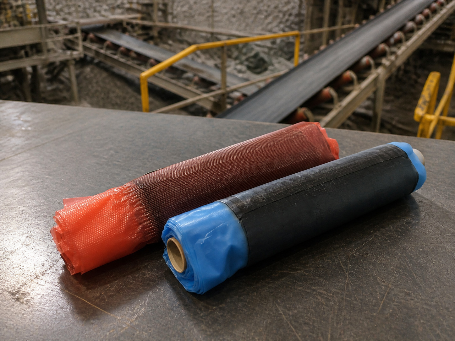 Belt splicing material rolls with an illustrative quarry background
