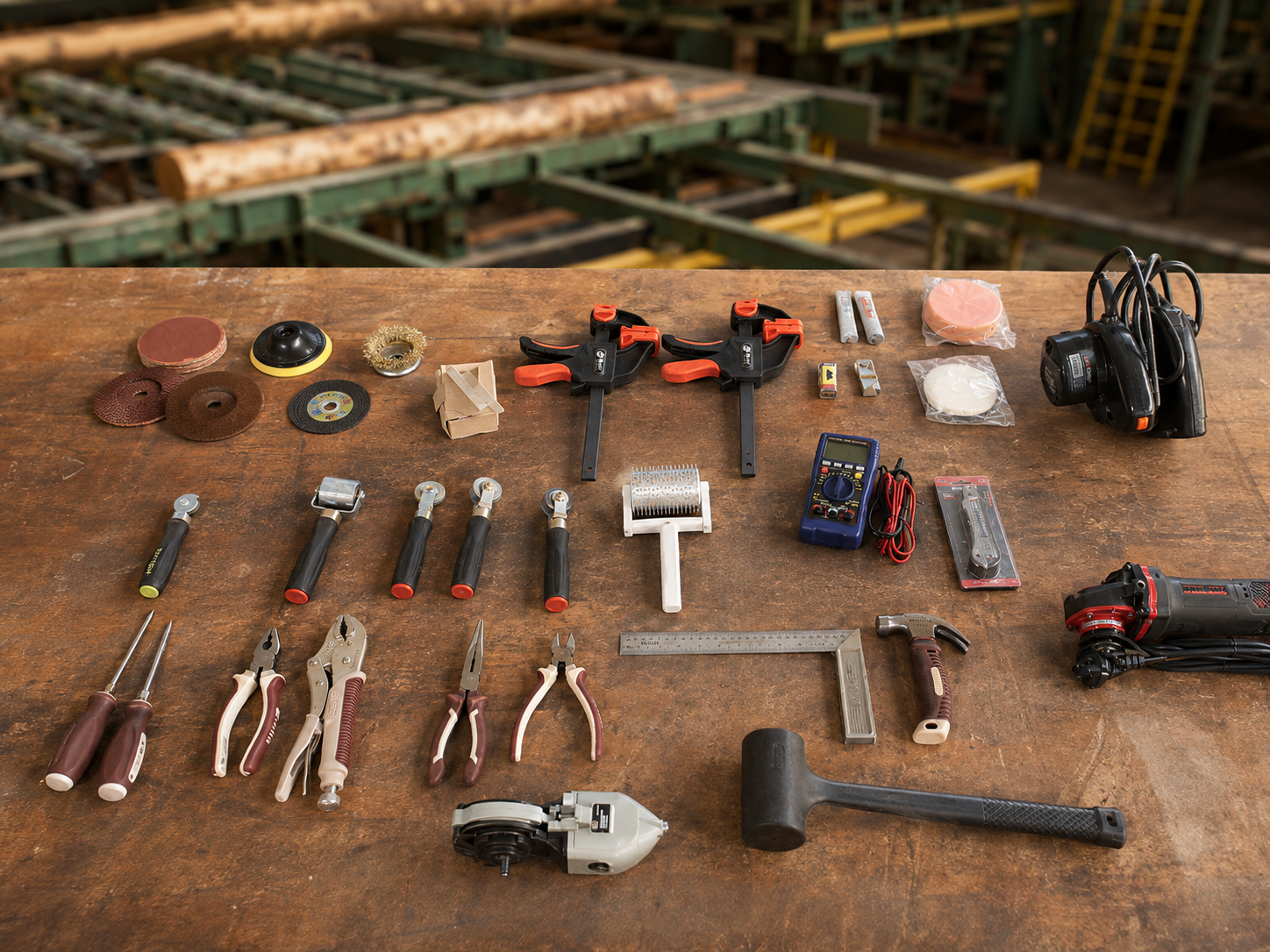 Belt splicing tools with an illustrative timber conveyor background